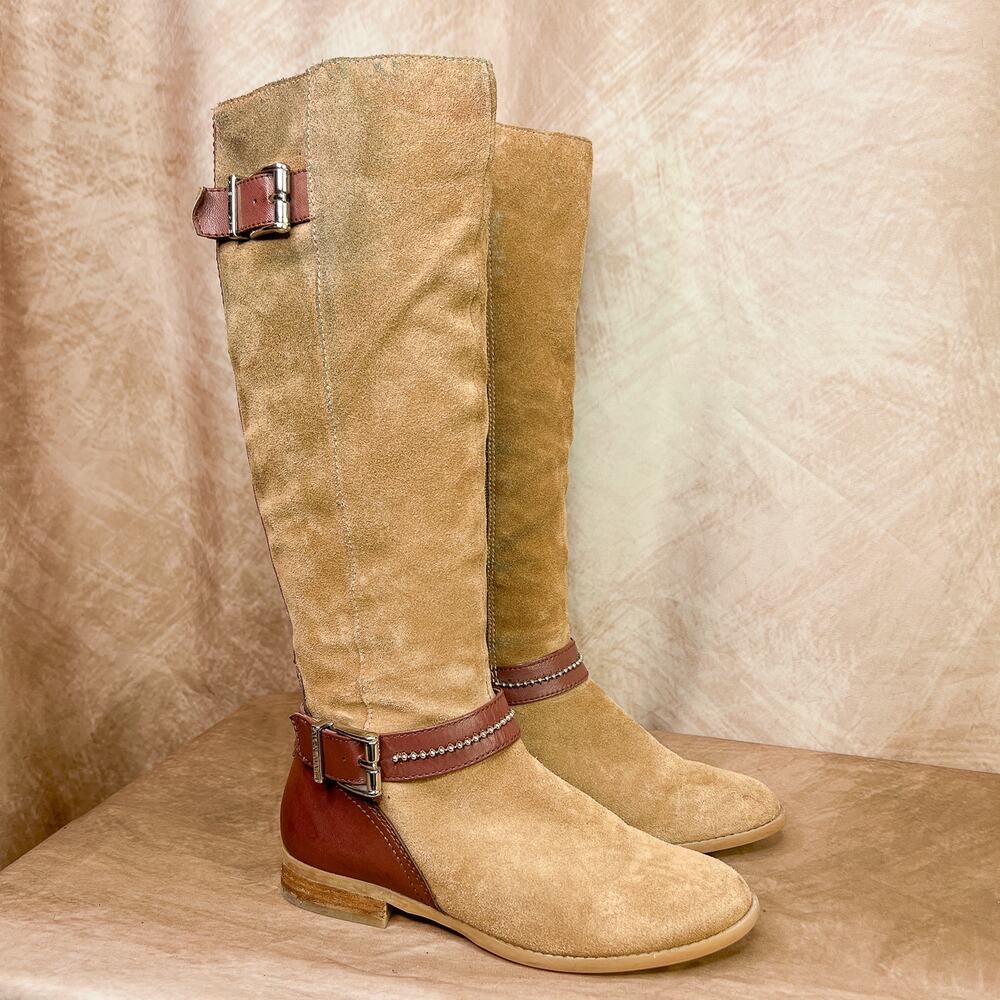Suede Calf High Boots Studded Leather Buckle Brown Western Boho Festival Y2K